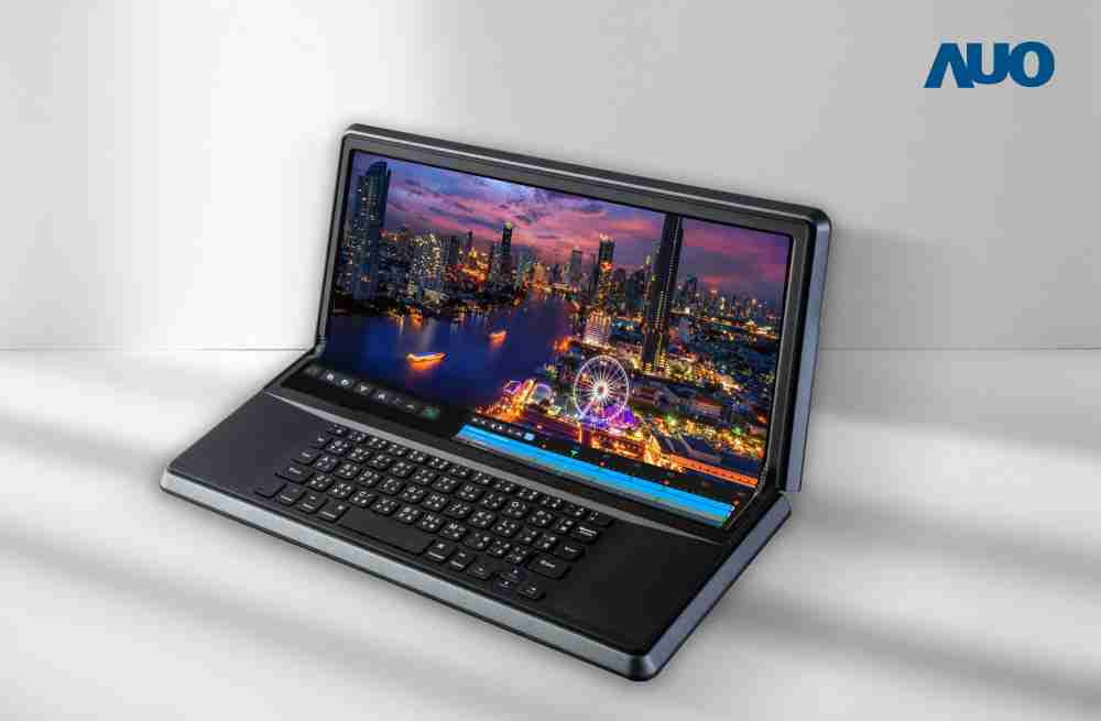 蓝狮在线14.6吋Micro LED折迭显示屏幕，，，搭配半径4mm的弯折绞炼，，以及高画素、、高亮度、、高对比度的显示技术特点，，即便在大视角下仍保有绝佳色相与亮度